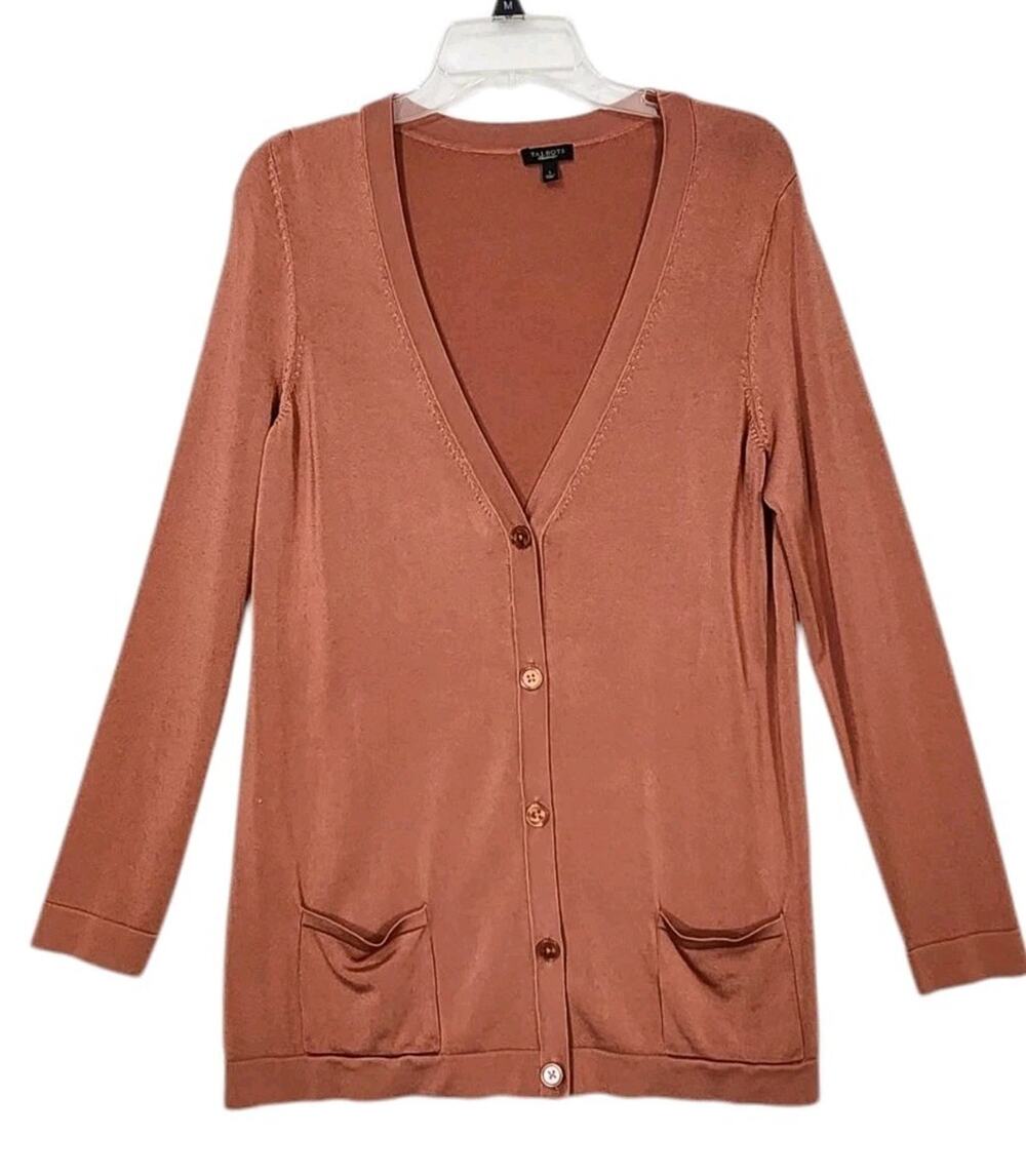 TALBOTS LONGCARDIGAN SZ LG PEACH PINK SLINKY CLASSIC MINIMALIST CAPSULE POCKET
